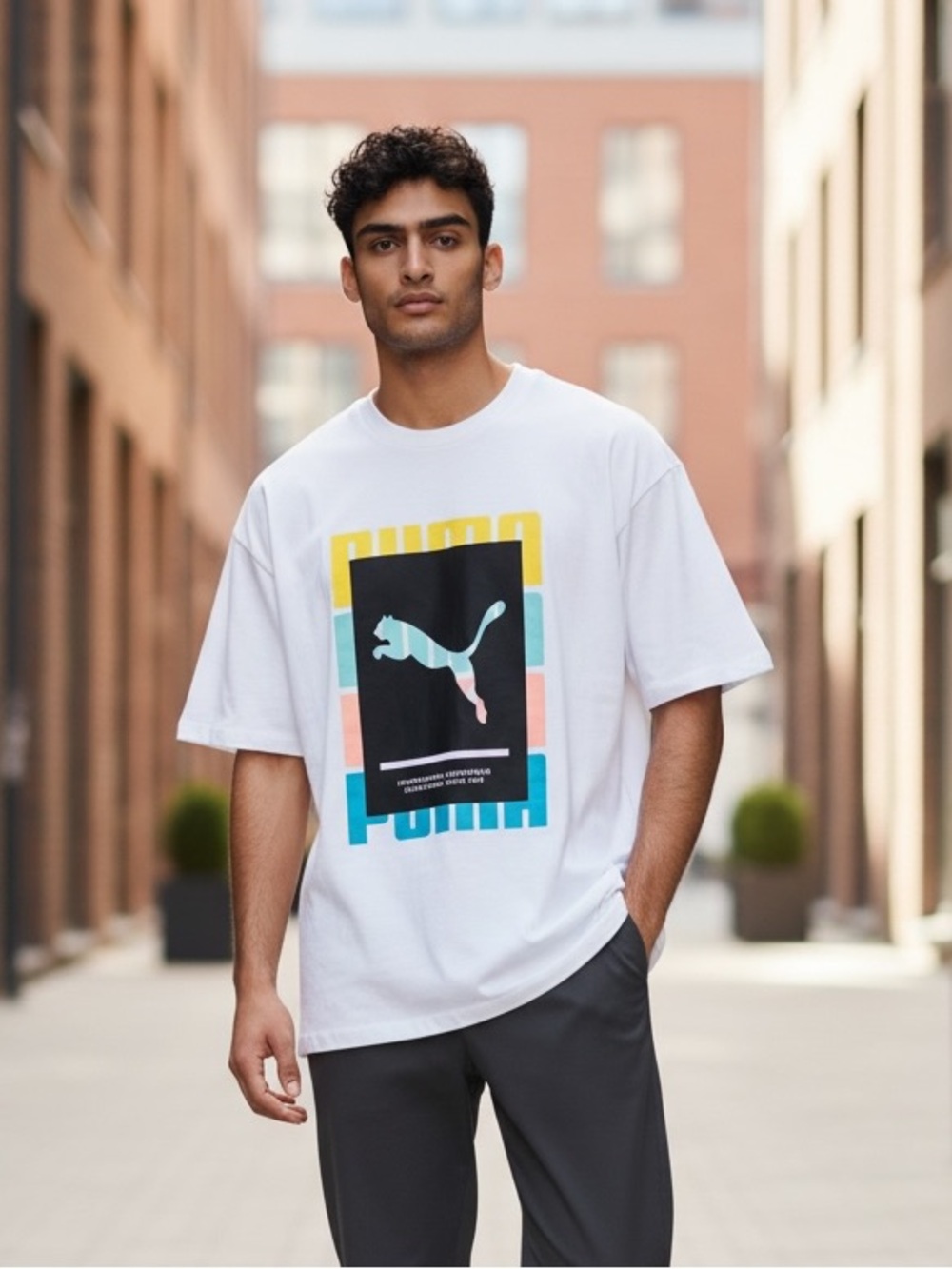 Puma White Tee with Multicolor Logo Block Print